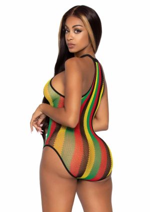 Leg Avenue Rasta Net Snap Crotch Racer Back Bodysuit - Multicolor - O/S