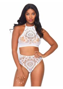Leg Avenue Crochet Lace Halter Crop Top with Strappy Back Detail and High Waist Thong Panties (2 Piece) - White - Medium/Large