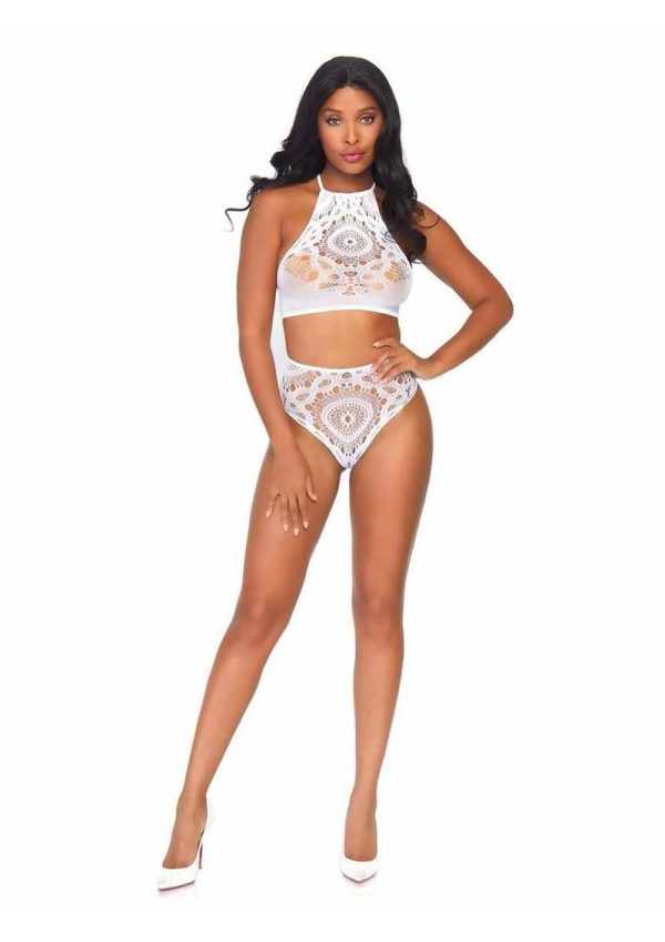 Leg Avenue Crochet Lace Halter Crop Top with Strappy Back Detail and High Waist Thong Panties (2 Piece) - White - Medium/Large - Image 3