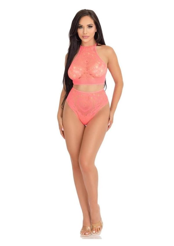 Leg Avenue Crochet Lace Halter Crop Top with Strappy Back Detail and High Waist Thong Panties (2 Piece) - Orange - Small/Medium - Image 4