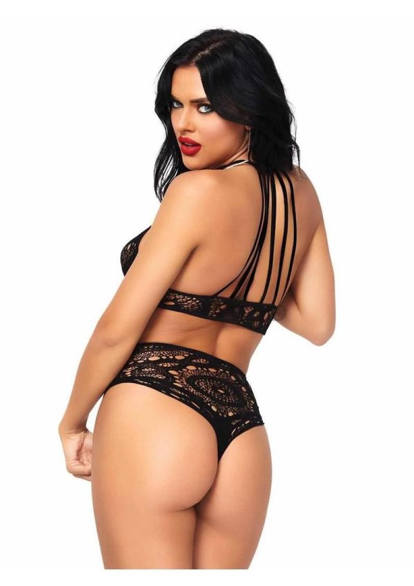 Leg Avenue Crochet Lace Halter Crop Top with Strappy Back Detail and High Waist Thong Panties (2 Piece) - Black - Medium/Large