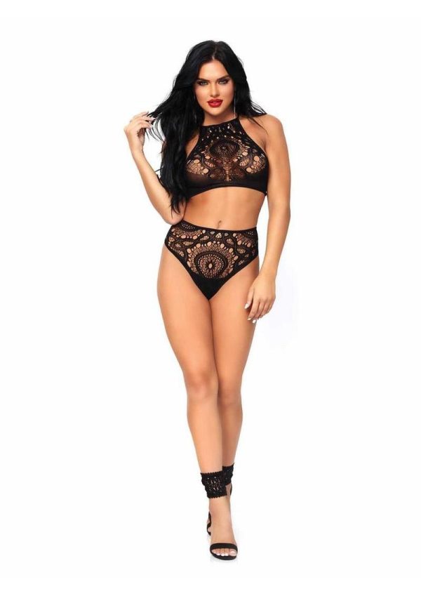 Leg Avenue Crochet Lace Halter Crop Top with Strappy Back Detail and High Waist Thong Panties (2 Piece) - Black - Medium/Large - Image 3