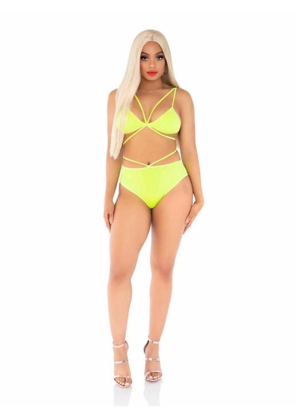 Leg Avenue Opaque Cage Strap Bra Top and Brazilian Briefs - Yellow - O/S - Image 3