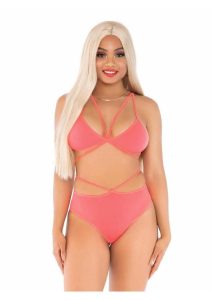 Leg Avenue Opaque Cage Strap Bra Top and Strappy Brazilian Briefs - Orange - O/S