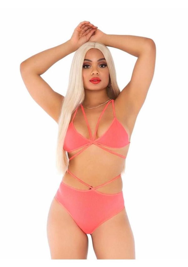 Leg Avenue Opaque Cage Strap Bra Top and Strappy Brazilian Briefs - Orange - O/S - Image 3