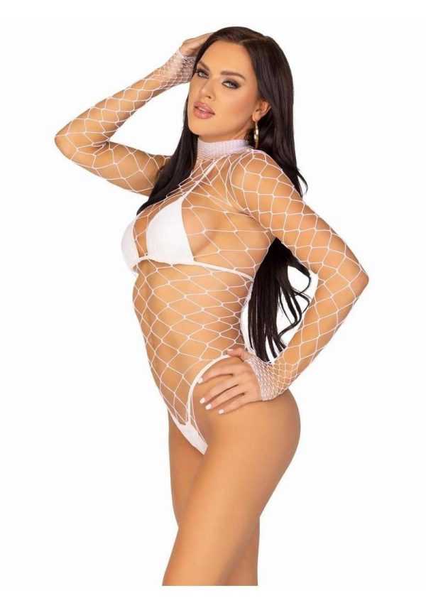 Leg Avenue Fence Net Snap Crotch Long Sleeved Bodysuit - O/S - White - Image 3