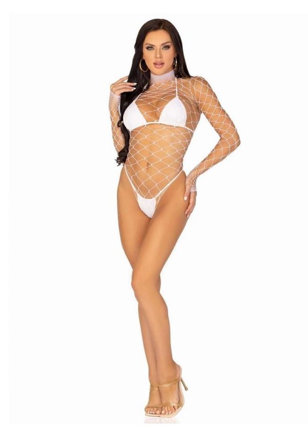 Leg Avenue Fence Net Snap Crotch Long Sleeved Bodysuit - O/S - White - Image 4
