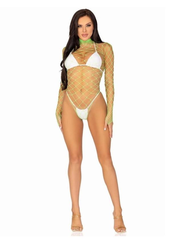 Leg Avenue Fence Net Snap Crotch Long Sleeved Bodysuit - O/S - Green - Image 4