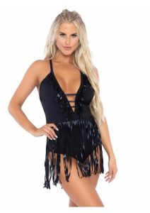Leg Avenue Fringe Halter Bodysuit - Medium/Large - Black