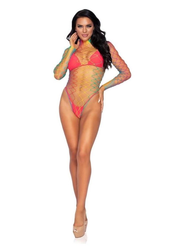 Leg Avenue Fence Net Snap Crotch Long Sleeved Bodysuit - O/S - Rainbow - Image 4