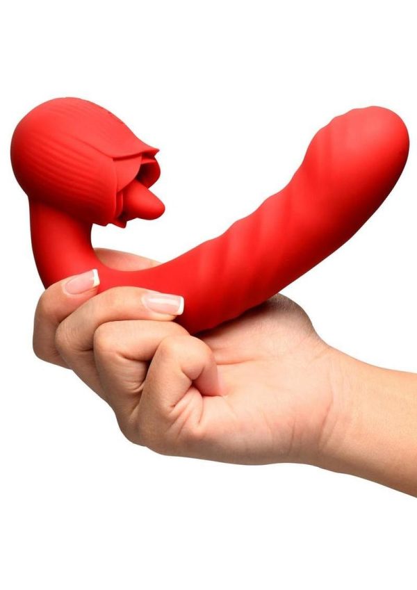 Bloomgasm Boom Bloom Thrusting and Licking Rechargeable Silicone Rose Vibrator - Red - Image 4