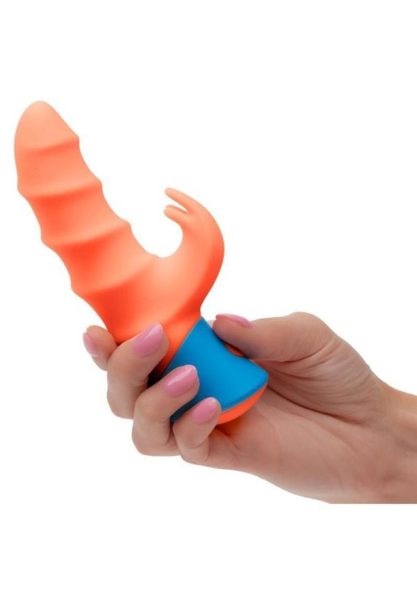 Rave Tickler Rechargeable Silicone Vibrator with Clitoral Stimulator - Orange/Blue - Image 4