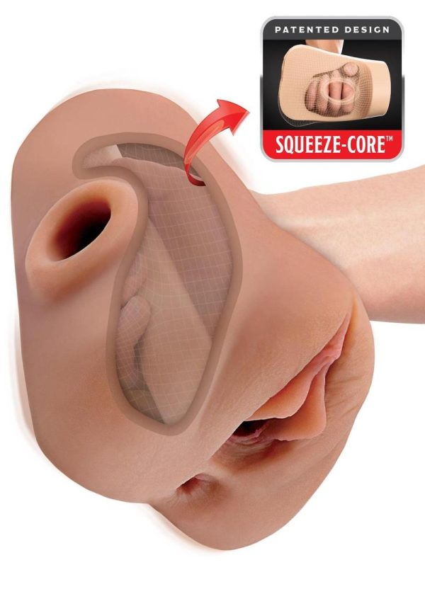 PDX Plus Double Pounder Vibrating Squeeze Stroker - Pussy and Ass - Caramel