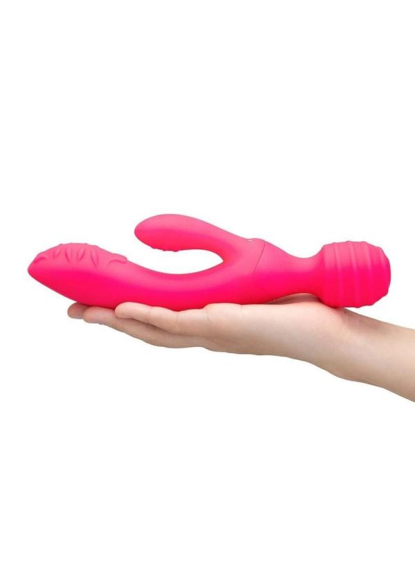 Together Tri Delight Dual-Ended Rechargeable Silicone Triple Stim Wand and Rabbit Vibrator - Pink - Image 3