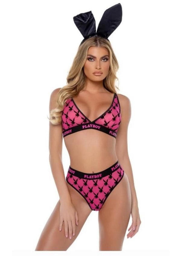 Playboy Flocked Bunny Bra Set - Medium - Pink/Black