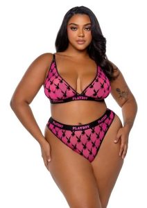 Playboy Flocked Bunny Bra Set - 1XLarge - Black