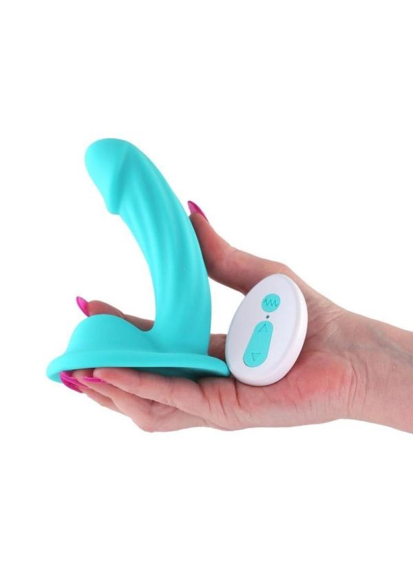 Colours Curve Silicone Vibrating Dildo with Remote Control 5in - Teal - Image 3