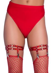 Leg Avenue Dual Strap Iridescent Studded Thigh High Garter Suspender with Mini Hearts - O/S - Red