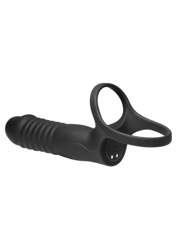Jock Double Thrust Thrusting and Vibrating Double Penetration Rechargeable Silicone Cock Ring w/ Remote - Black - Image 3