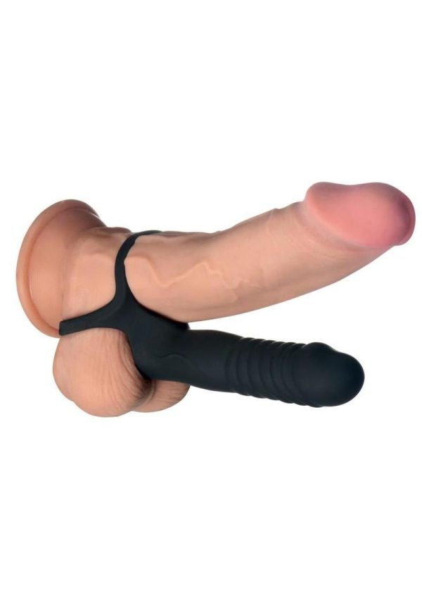 Jock Double Thrust Thrusting and Vibrating Double Penetration Rechargeable Silicone Cock Ring w/ Remote - Black - Image 4