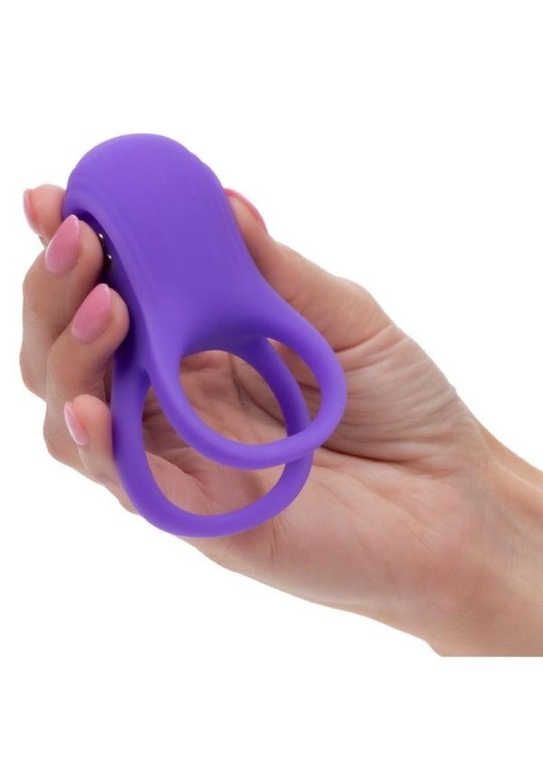 Basic Essentials Rechargeable Dual Support Silicone Cock Ring - Purple - Image 3