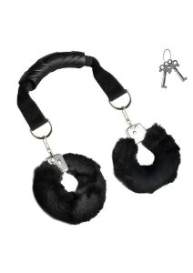 Master Series The Handler Furry Handcuffs with Handle - Black/Silver