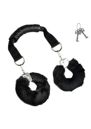 Master Series The Handler Furry Handcuffs with Handle - Black/Silver