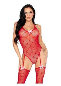 Leg Avenue Mini Heart Trimmed Heart Net Teddy with Attached Stockings - Red - O/S