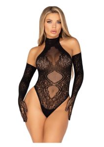 Leg Avenue Lace Halter Teddy and Matching Long Lace Gloves (2 Piece) - Black - O/S