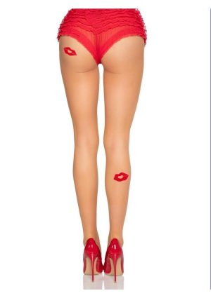 Leg Avenue Spandex Sheer Tights with Embroidered Kiss Accents - Nude/Red - O/S