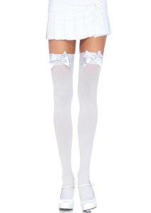 Leg Avenue Opaque Thigh Highs with Satin Bow Accent - O/S - White/Red