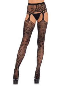 Leg Avenue Floral Lace Stockings with Attached High Waist Garter Belt - O/S - Black