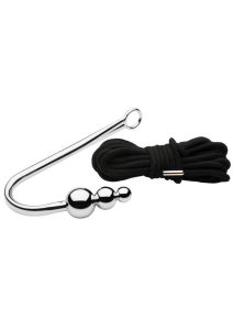 Master Series Roped Beaded Anal Hook with Rope - Silver/Black