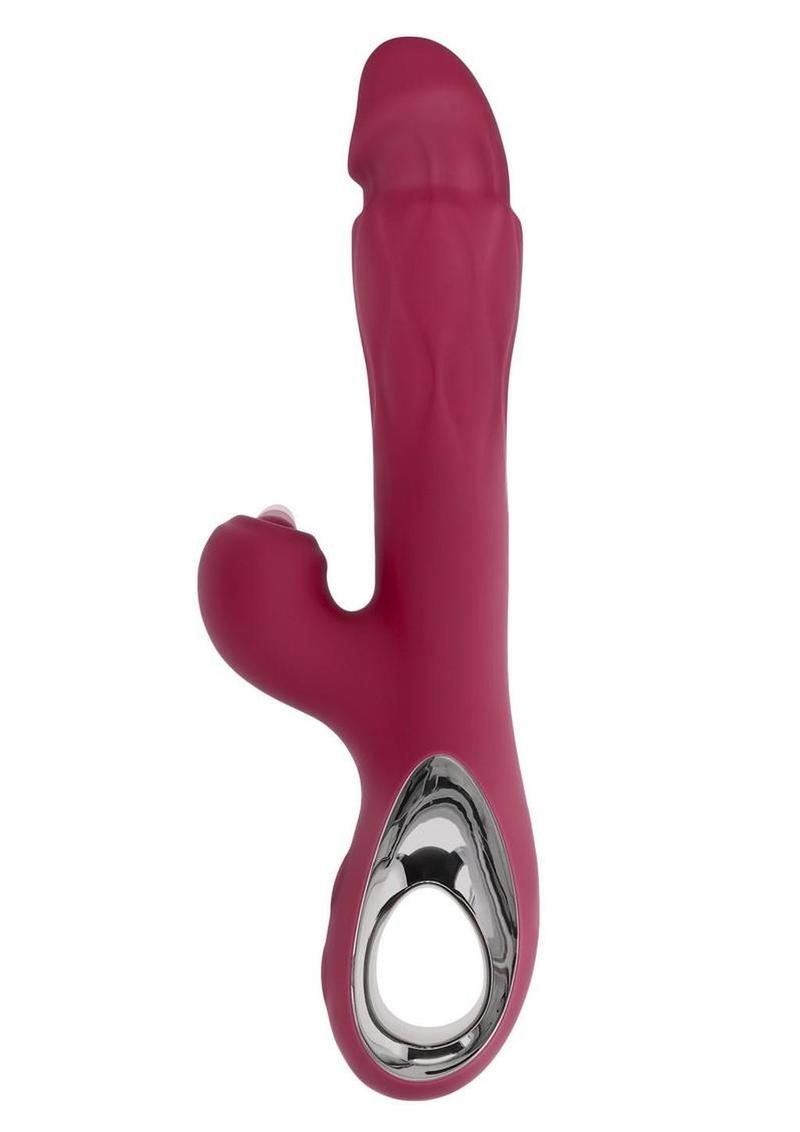 Bursting with Pleasure Rechargeable Silicone Inflatable Dual Rabbit Vibrator - Red