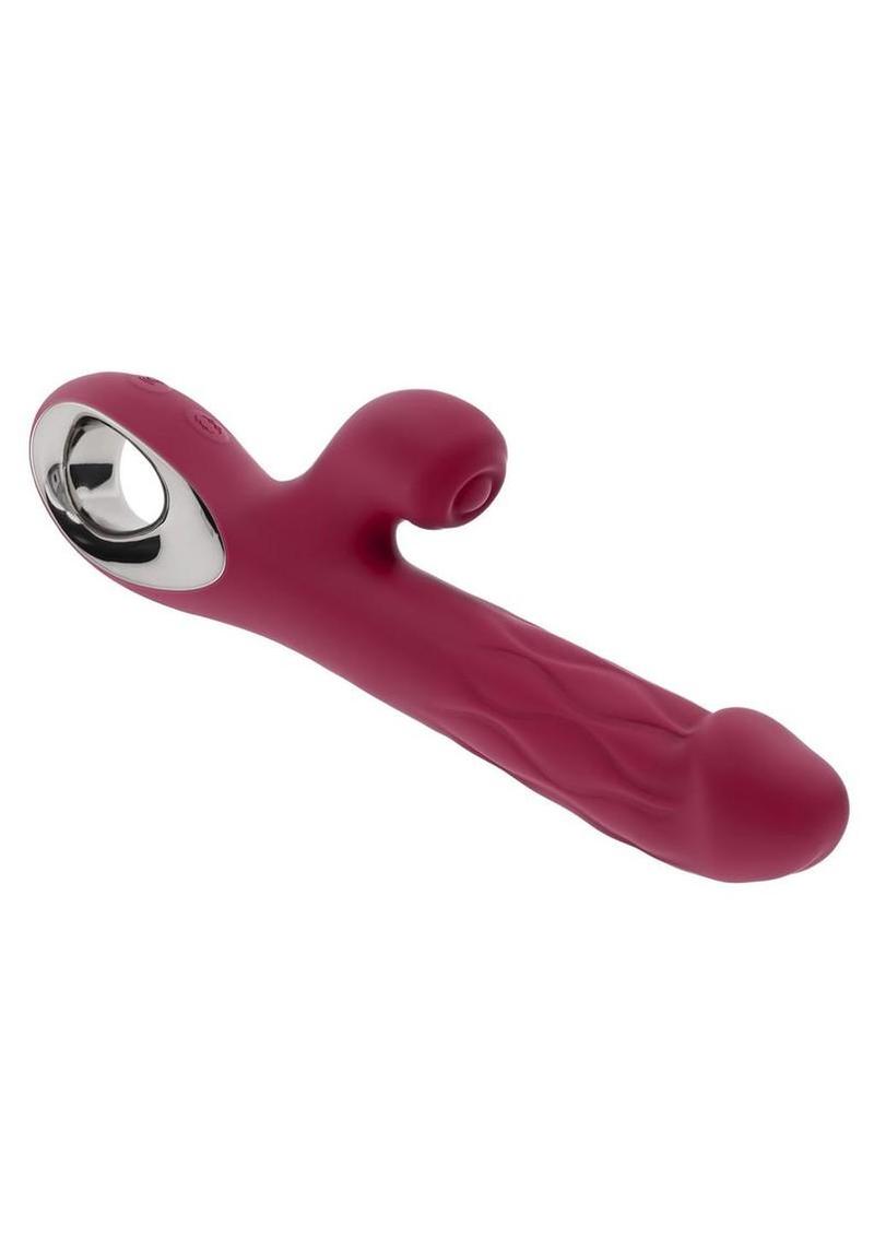 Bursting with Pleasure Rechargeable Silicone Inflatable Dual Rabbit Vibrator - Red - Image 3
