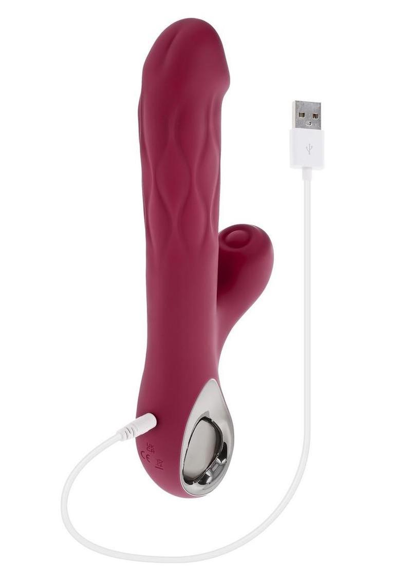 Bursting with Pleasure Rechargeable Silicone Inflatable Dual Rabbit Vibrator - Red - Image 4