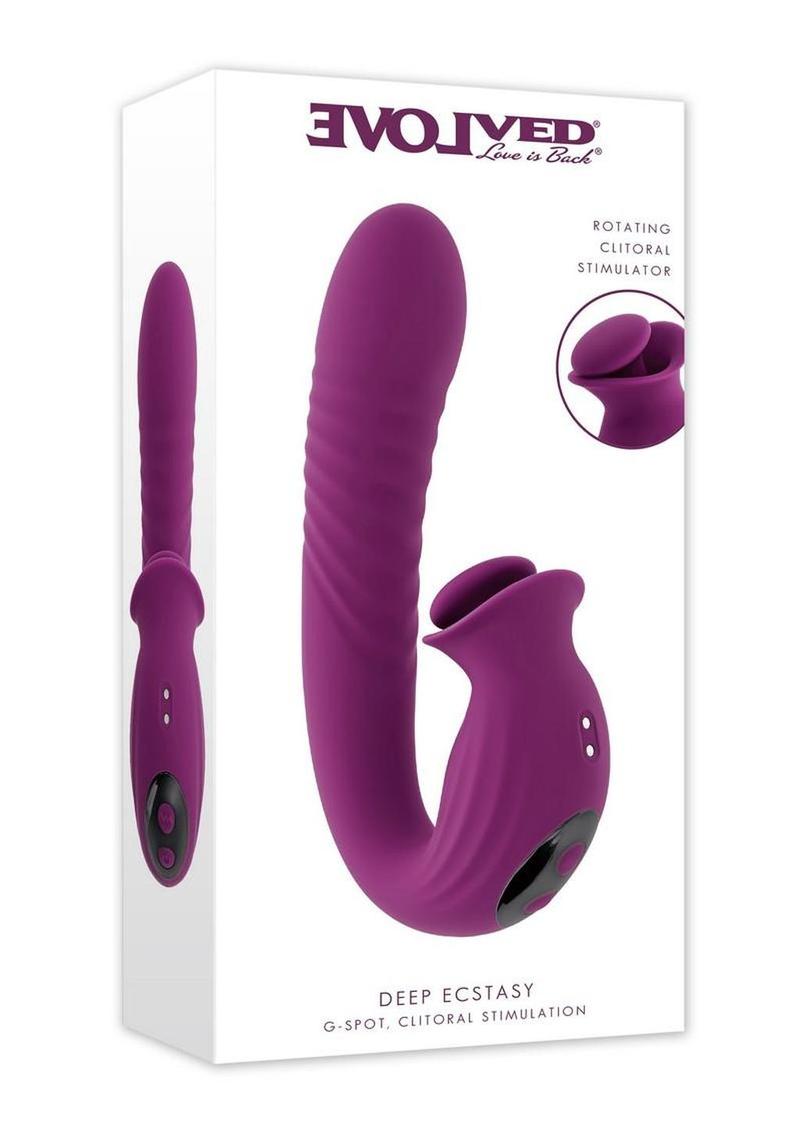 Deep Ecstasy Rechargeable Silicone Ribbed Thrusting Rabbit Vibrator with Clitoral Stimulator - Purple