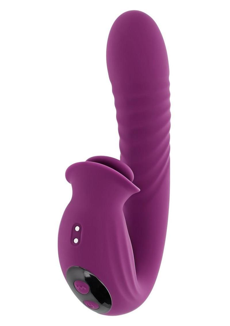 Deep Ecstasy Rechargeable Silicone Ribbed Thrusting Rabbit Vibrator with Clitoral Stimulator - Purple - Image 3