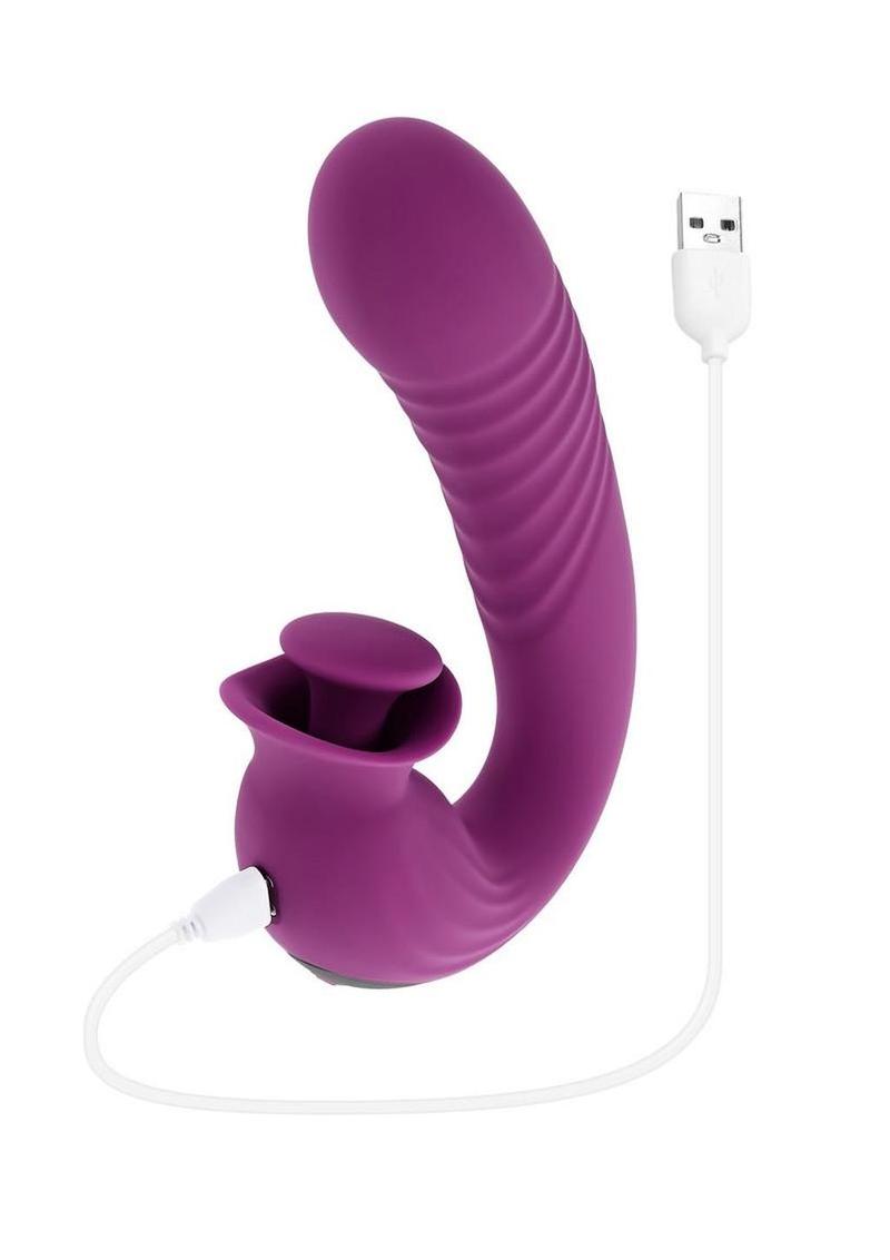 Deep Ecstasy Rechargeable Silicone Ribbed Thrusting Rabbit Vibrator with Clitoral Stimulator - Purple - Image 4