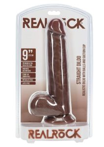RealRock Realistic Skin Straight Realistic Dildo with Balls and Suction Cup 9in - Chocolate