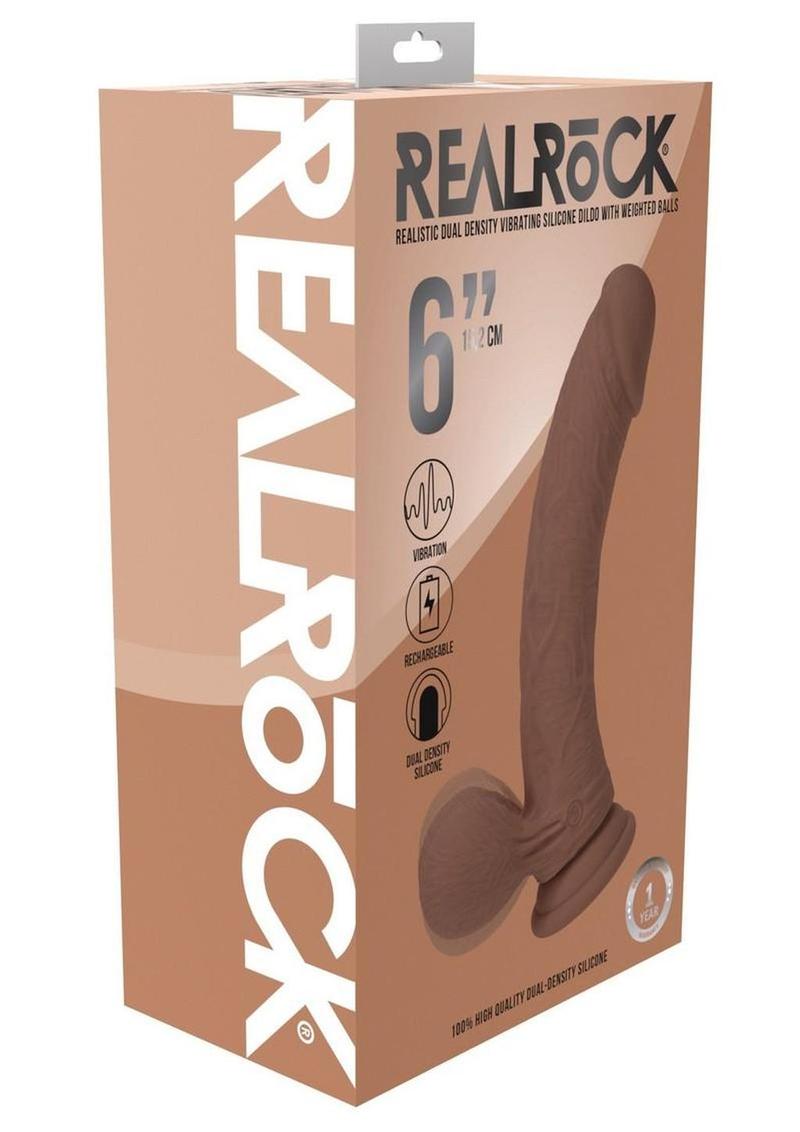 RealRock Rechargeable Silicone Dual Layered Vibrating Curved Dildo with Weighted Balls 6in - Caramel