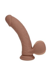 RealRock Rechargeable Silicone Dual Layered Vibrating Curved Dildo with Weighted Balls 6in - Caramel