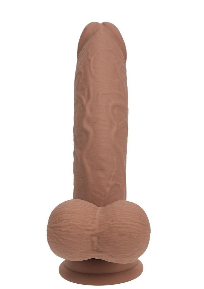 RealRock Rechargeable Silicone Dual Layered Vibrating Curved Dildo with Weighted Balls 6in - Caramel - Image 3