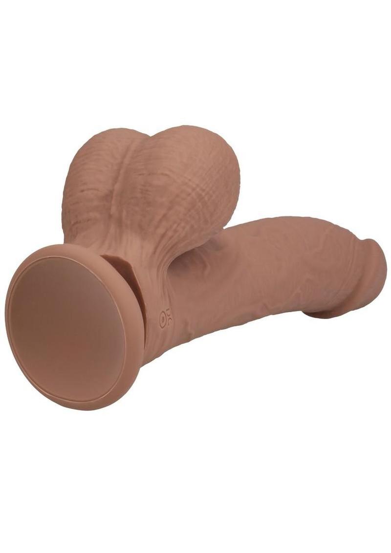 RealRock Rechargeable Silicone Dual Layered Vibrating Curved Dildo with Weighted Balls 6in - Caramel - Image 4