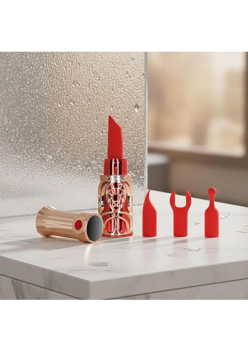 Ruby Kiss Lipstick Rechargeable Silicone Clitoral Stimulator Set - Red/Rose Gold - Image 4