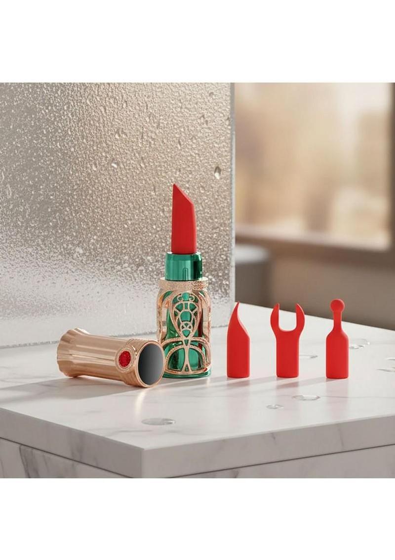 Emerald Kiss Lipstick Rechargeable Silicone Clitoral Stimulator Set - Green/Rose Gold - Image 4