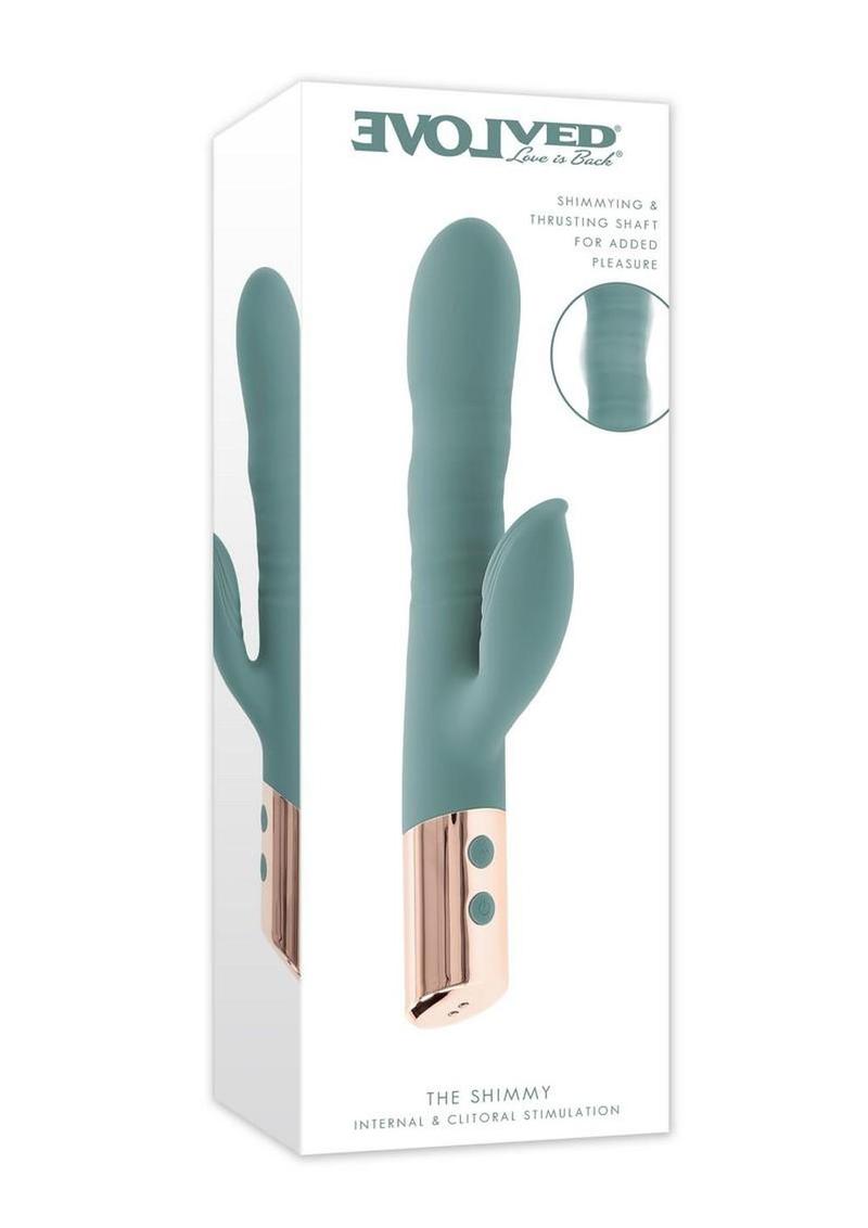 The Shimmy Rechargeable Silicone Vibrator with Clitoral Stimulator - Green