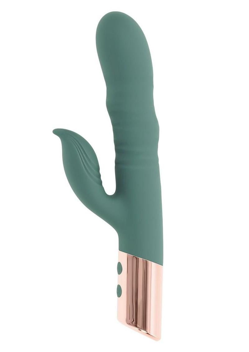 The Shimmy Rechargeable Silicone Vibrator with Clitoral Stimulator - Green - Image 3