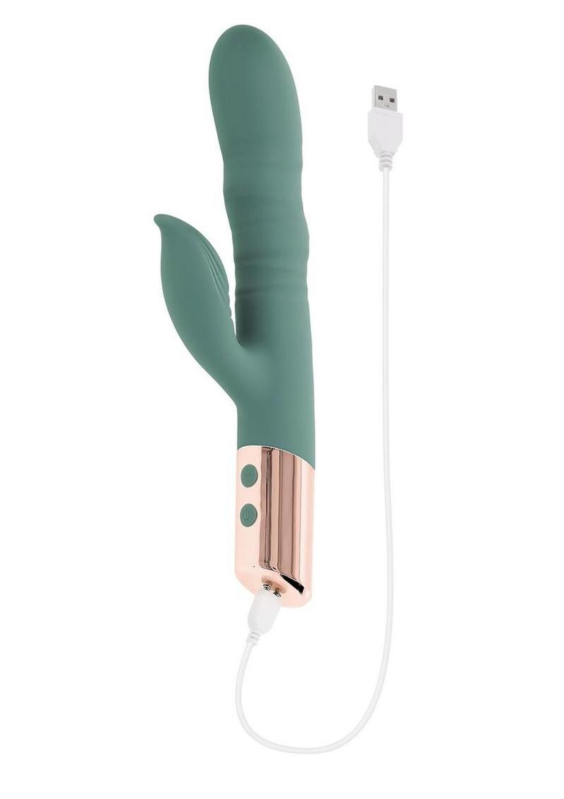 The Shimmy Rechargeable Silicone Vibrator with Clitoral Stimulator - Green - Image 4