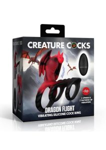 Creature Cocks Dragon Flight Vibrating Rechargeable Silicone Cock Ring with Remote - Red/Black